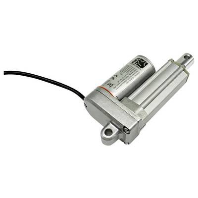 Actionneur linéaire électrique argenté avec câble d'alimentation noir attaché sur un fond blanc.