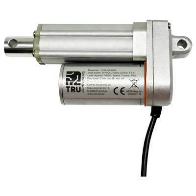 Actionneur linéaire électrique avec boîtier métallique et œillets de montage, étiqueté TRU et montré avec câble d'alimentation attaché.