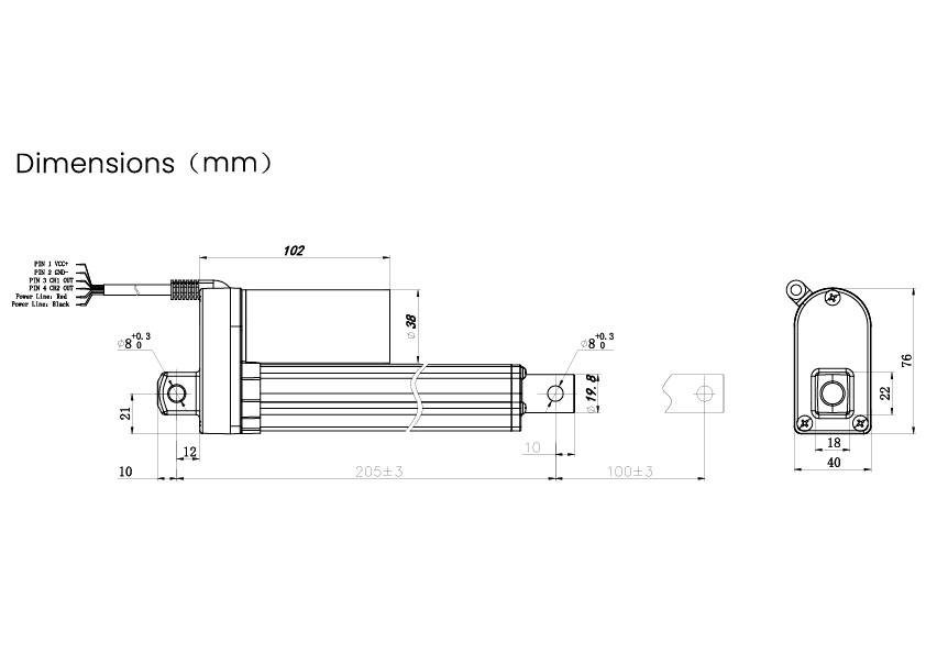 Dessin de dimensions d'un composant mécanique avec annotations en millimètres. Indique la longueur, la largeur et la hauteur du composant.