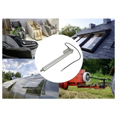Collage montrant un actionneur électrique tubulaire, avec des applications dans les fauteuils de massage, les fenêtres de toit, un ventilateur de serre et les machines agricoles.