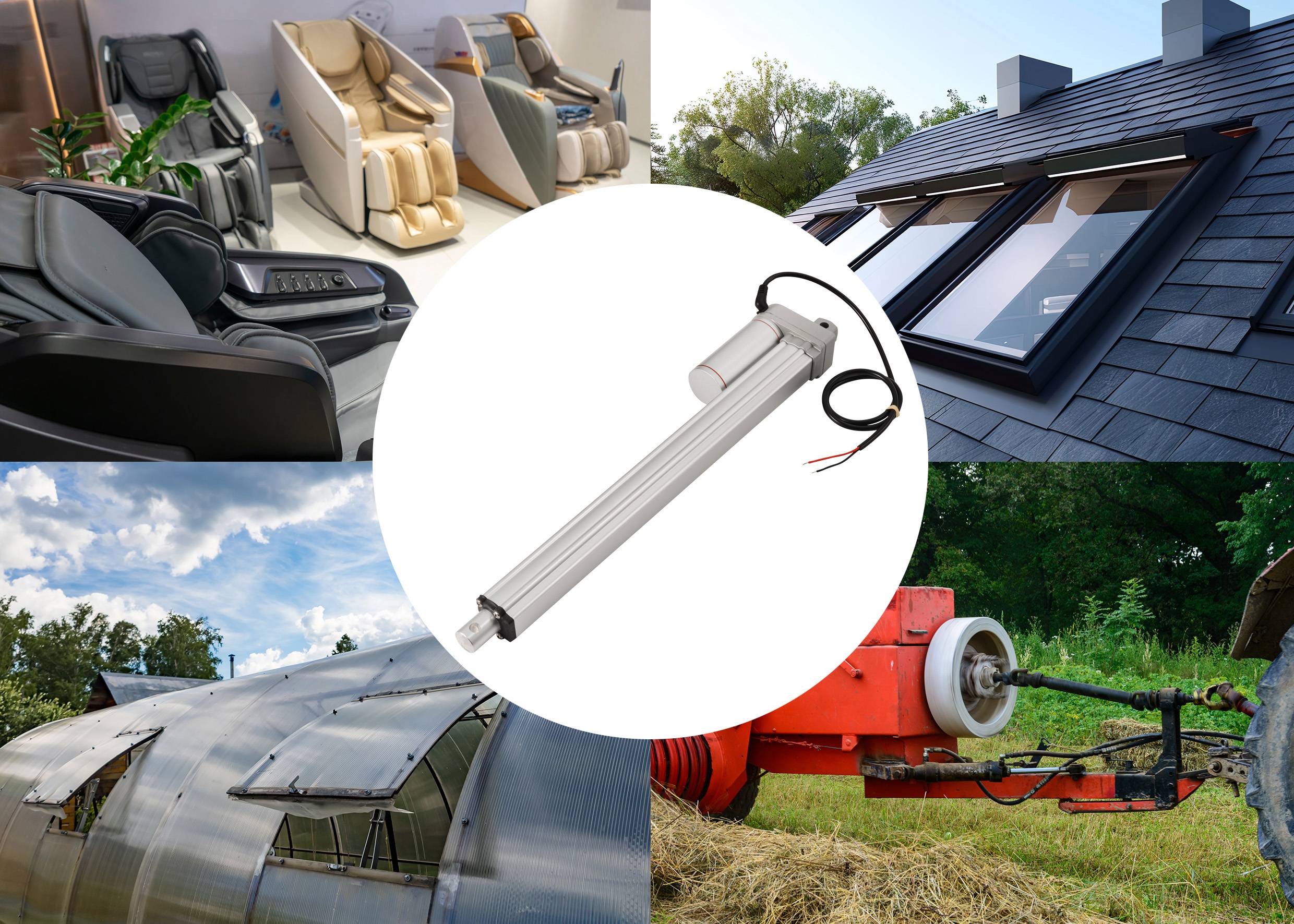 Un actionneur linéaire électrique au centre, entouré d'applications : fauteuil de massage, fenêtre de toit, serre et machine agricole.