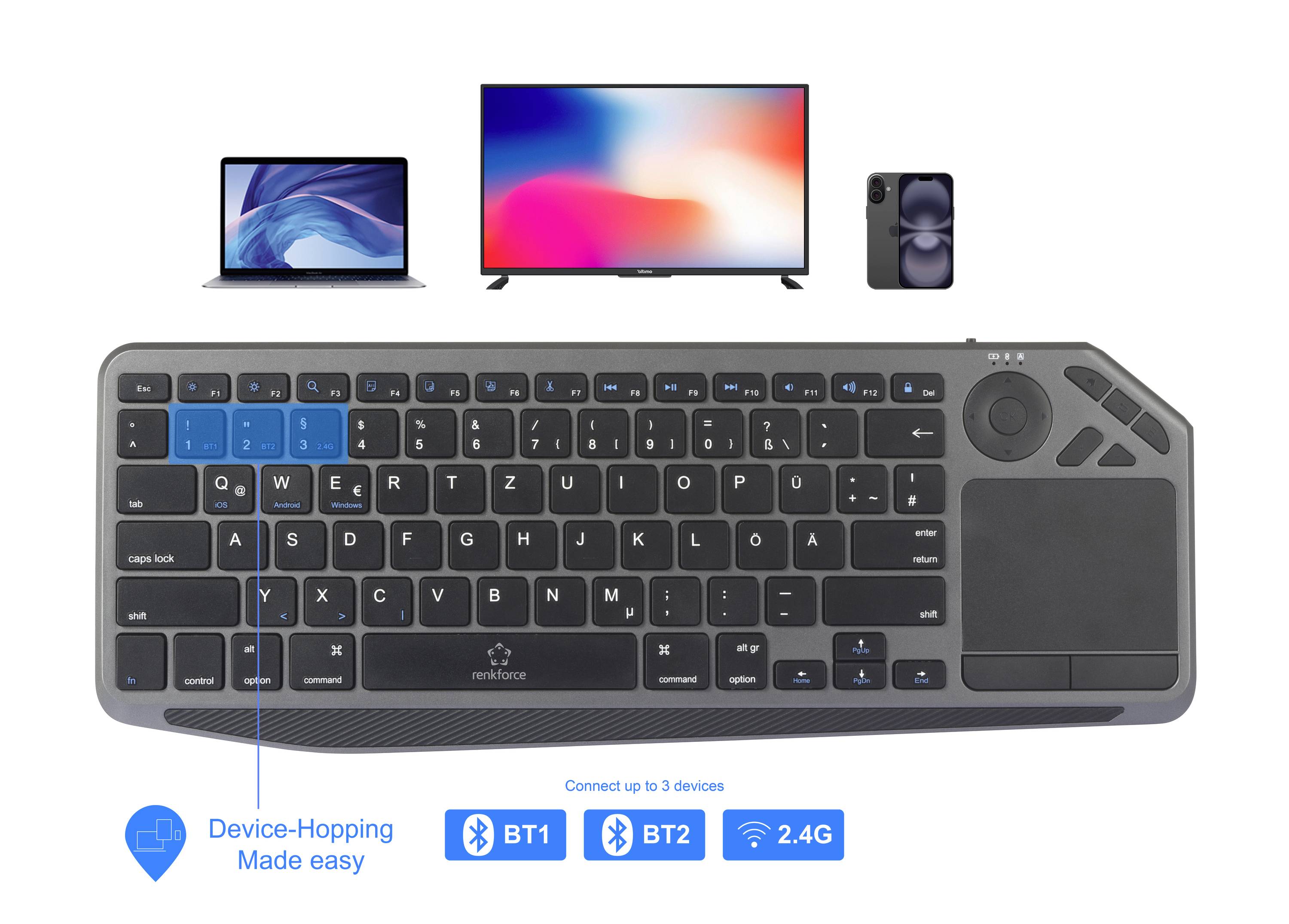Clavier sans fil avec pavé tactile se connectant à un ordinateur portable, une télévision et un téléphone. La fonction Device-Hopping permet la connexion à trois appareils : BT1, BT2 et 2,4G.