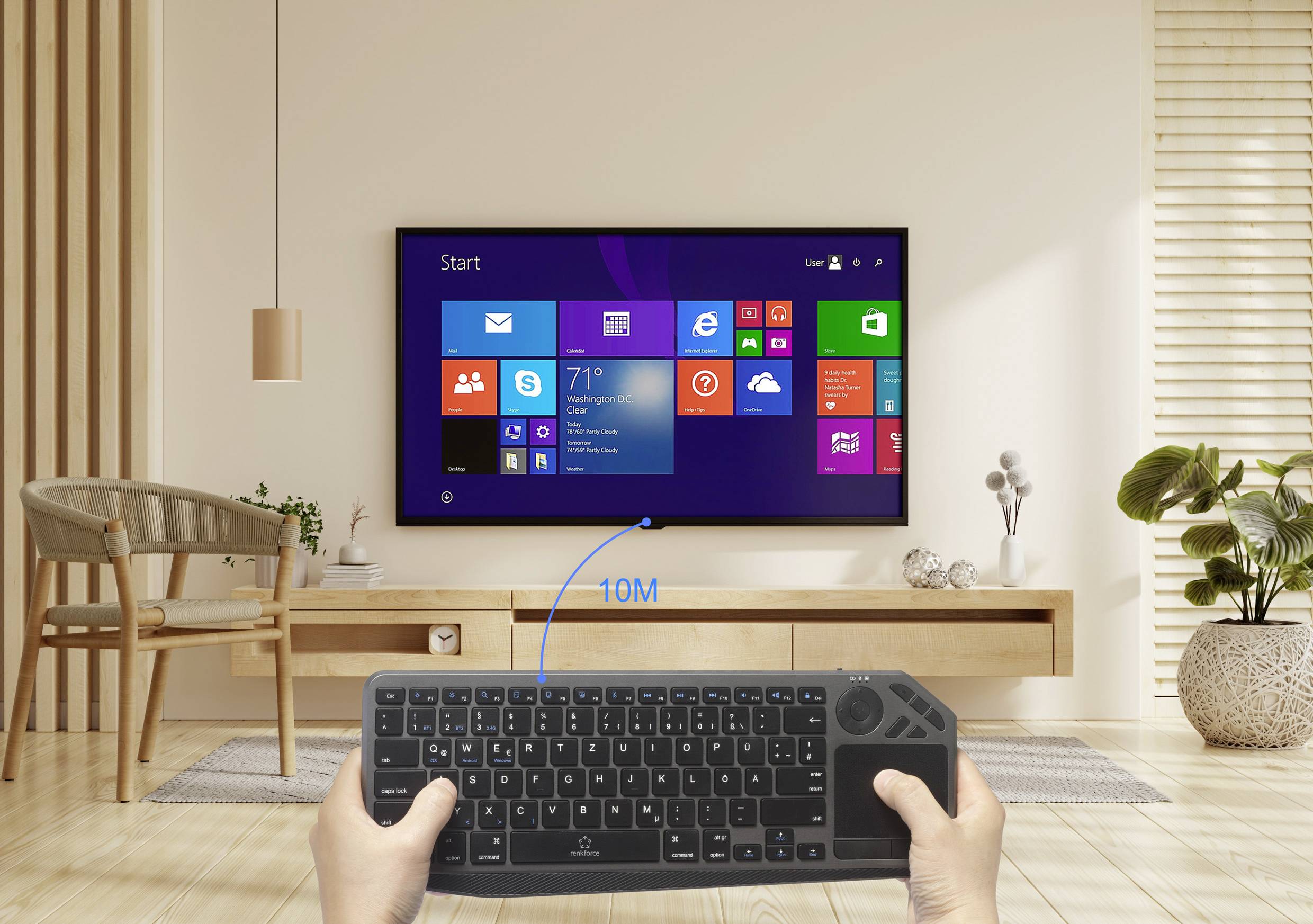 Renkforce RF-WLBTKB-300 Bluetooth, radio Clavier allemand, QWERTZ noir pavé tactile intégré, rechargeable, fonction Mult-9