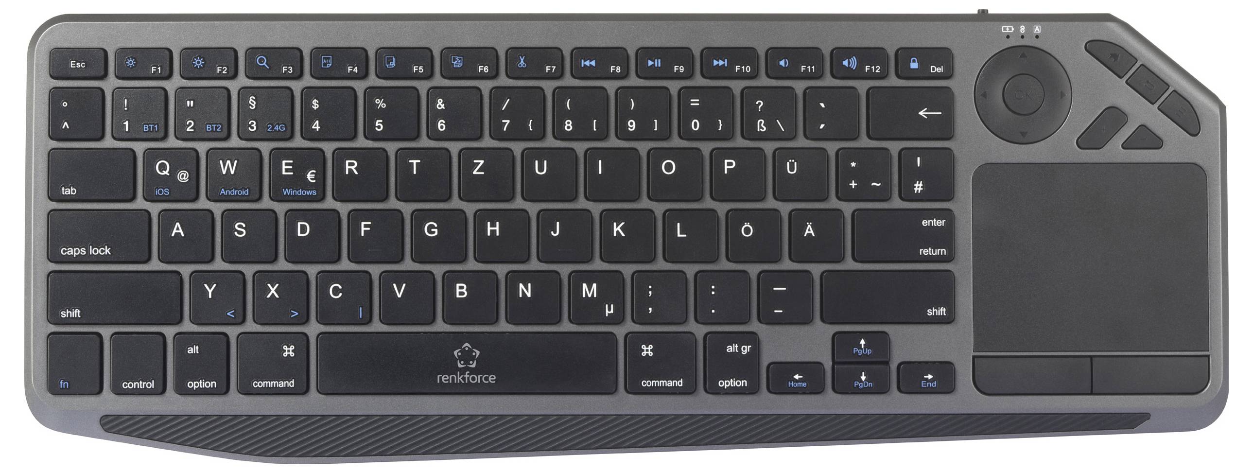 Renkforce RF-WLBTKB-300 Bluetooth, radio Clavier allemand, QWERTZ noir pavé tactile intégré, rechargeable, fonction Mult-1