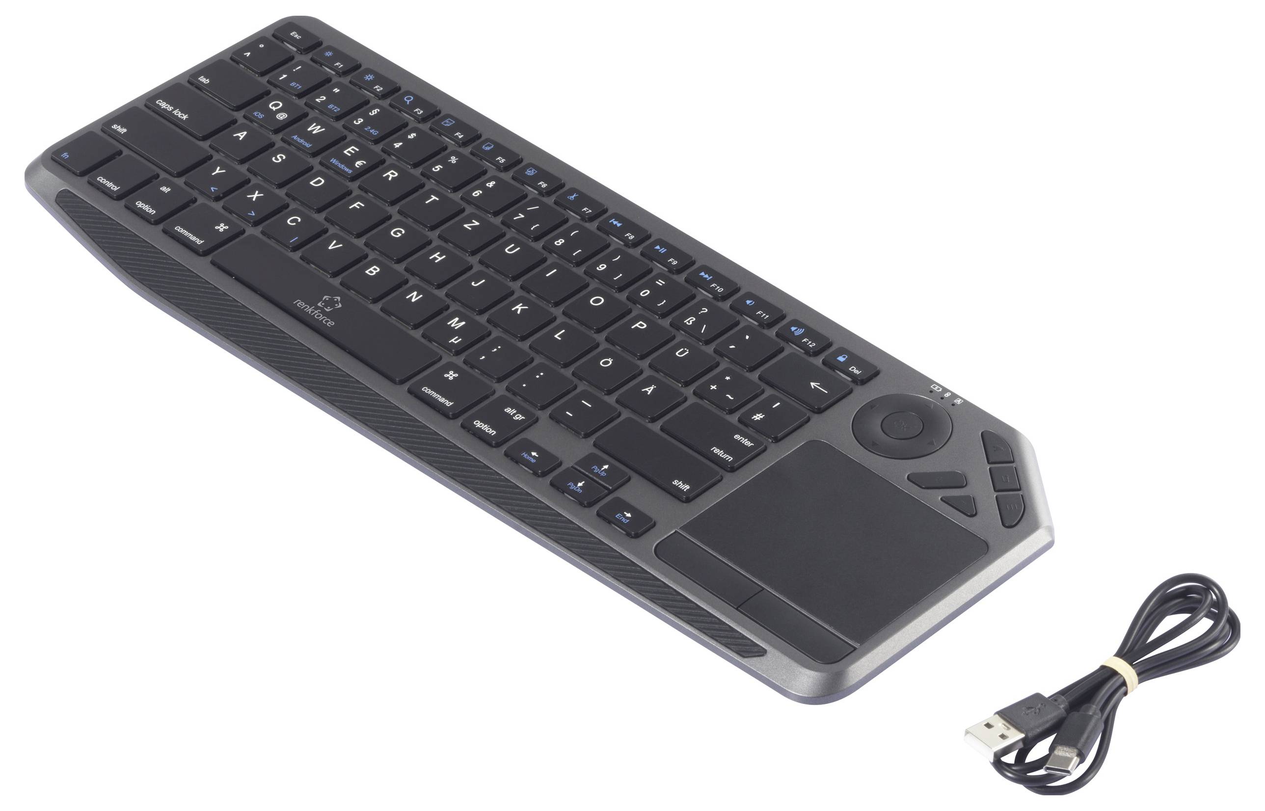Renkforce RF-WLBTKB-300 Bluetooth, radio Clavier allemand, QWERTZ noir pavé tactile intégré, rechargeable, fonction Mult-7