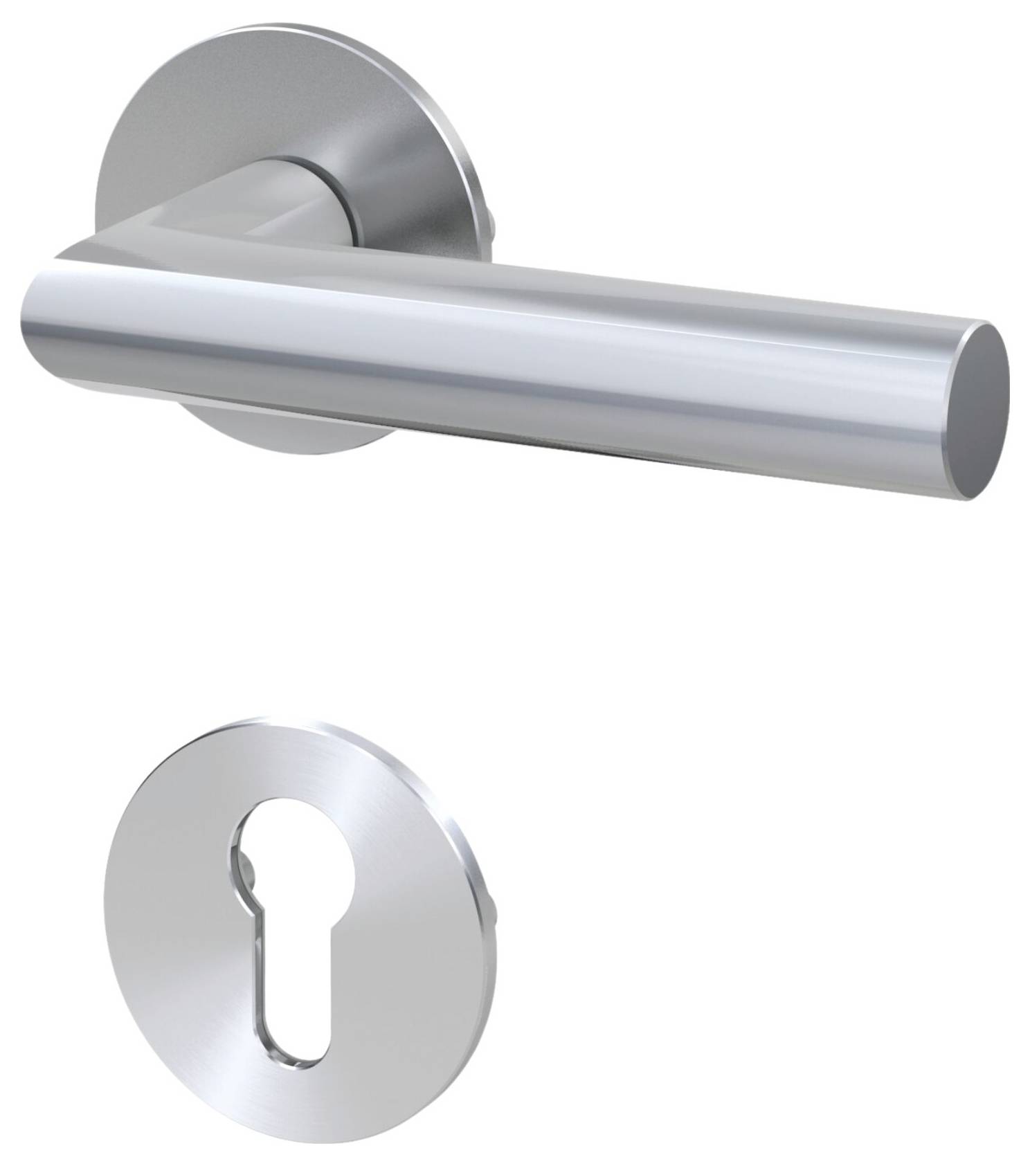 Une garniture de poignée de porte en argent avec rosace de protection ronde et un trou de serrure ovale, adaptée aux portes et aux espaces intérieurs modernes.