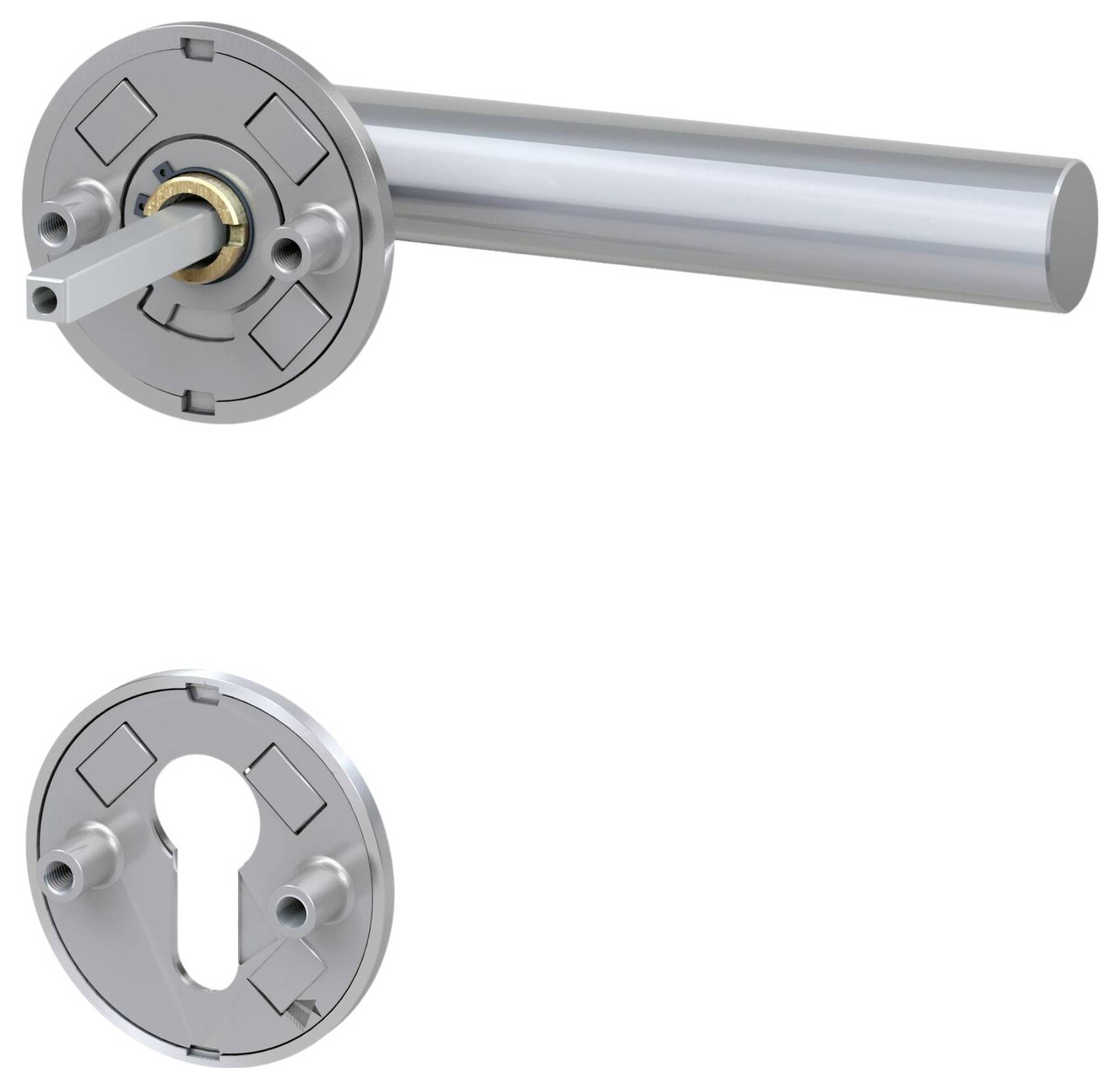 Poignée de porte argentée avec rosace ronde et trou de serrure, prête à être installée.