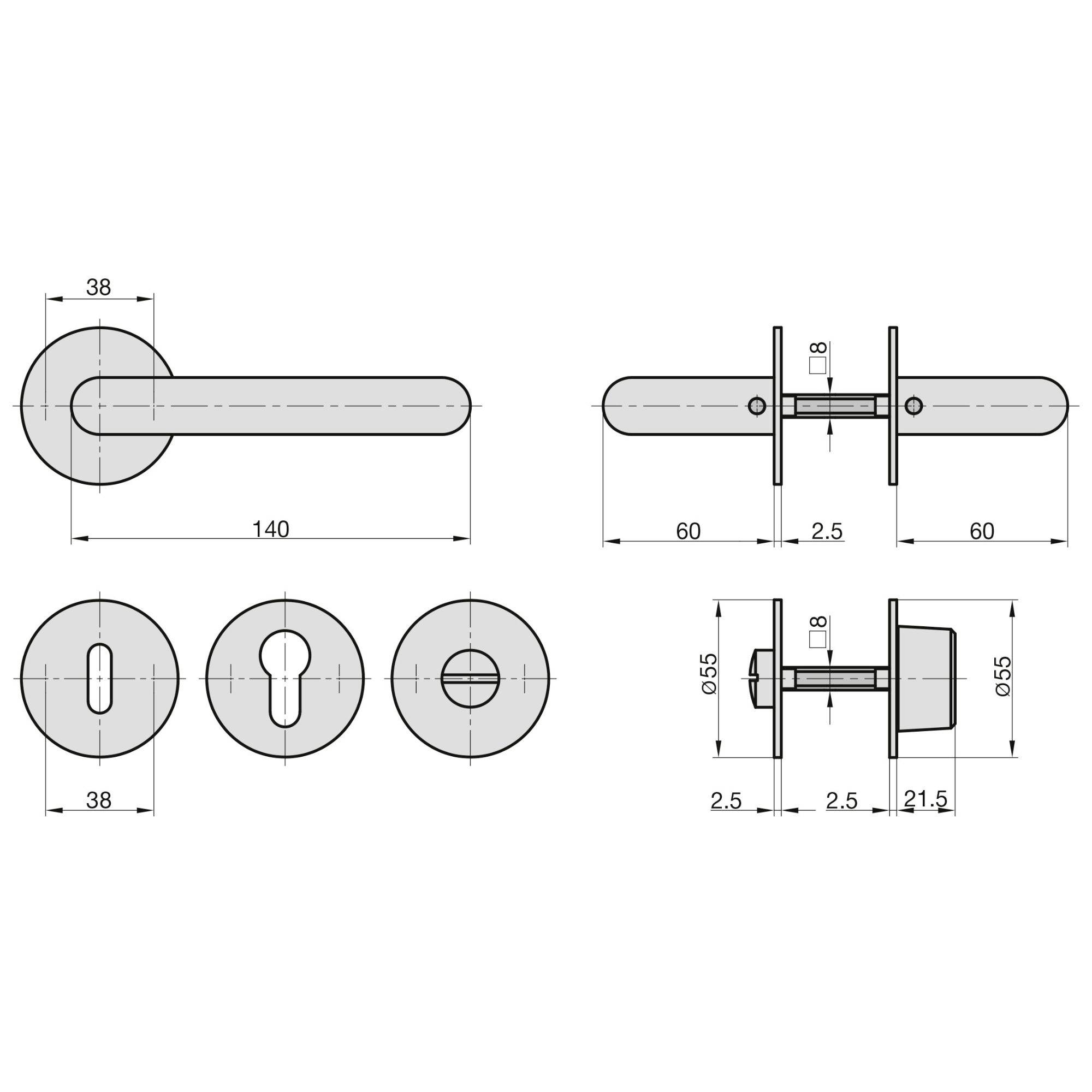 Dessin technique d'une poignée de porte avec dimensions : Longueur 140 mm, rosace de diamètre 38 mm, distance 60 mm, vue latérale incluse.