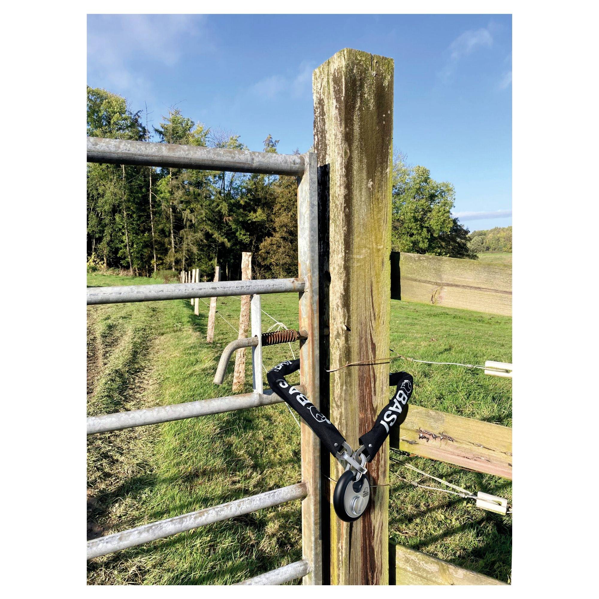 Une clôture en bois avec un grillage métallique, sécurisée par un cadenas noir portant l'inscription 'Easy'. En arrière-plan, un pré.