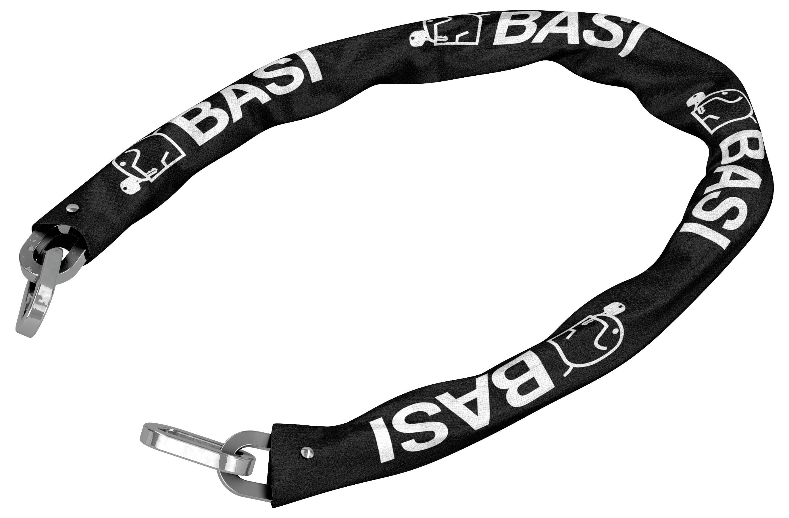 Chaîne de sécurité noire avec logos blancs et l'inscription 'BASI', crochets métalliques aux deux extrémités pour la fixation.