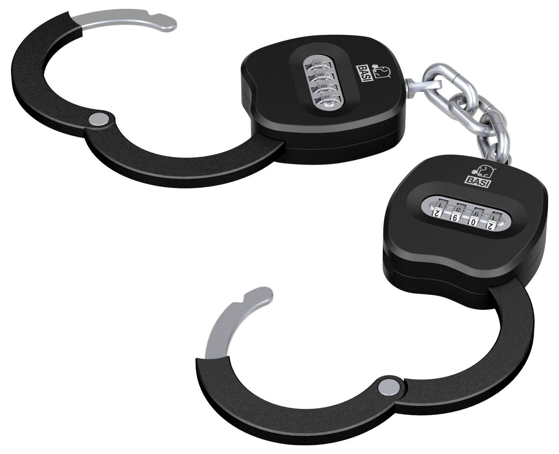 Menottes noires avec un cadenas à code, reliées par une chaîne ; code numérique visible sur chaque côté.