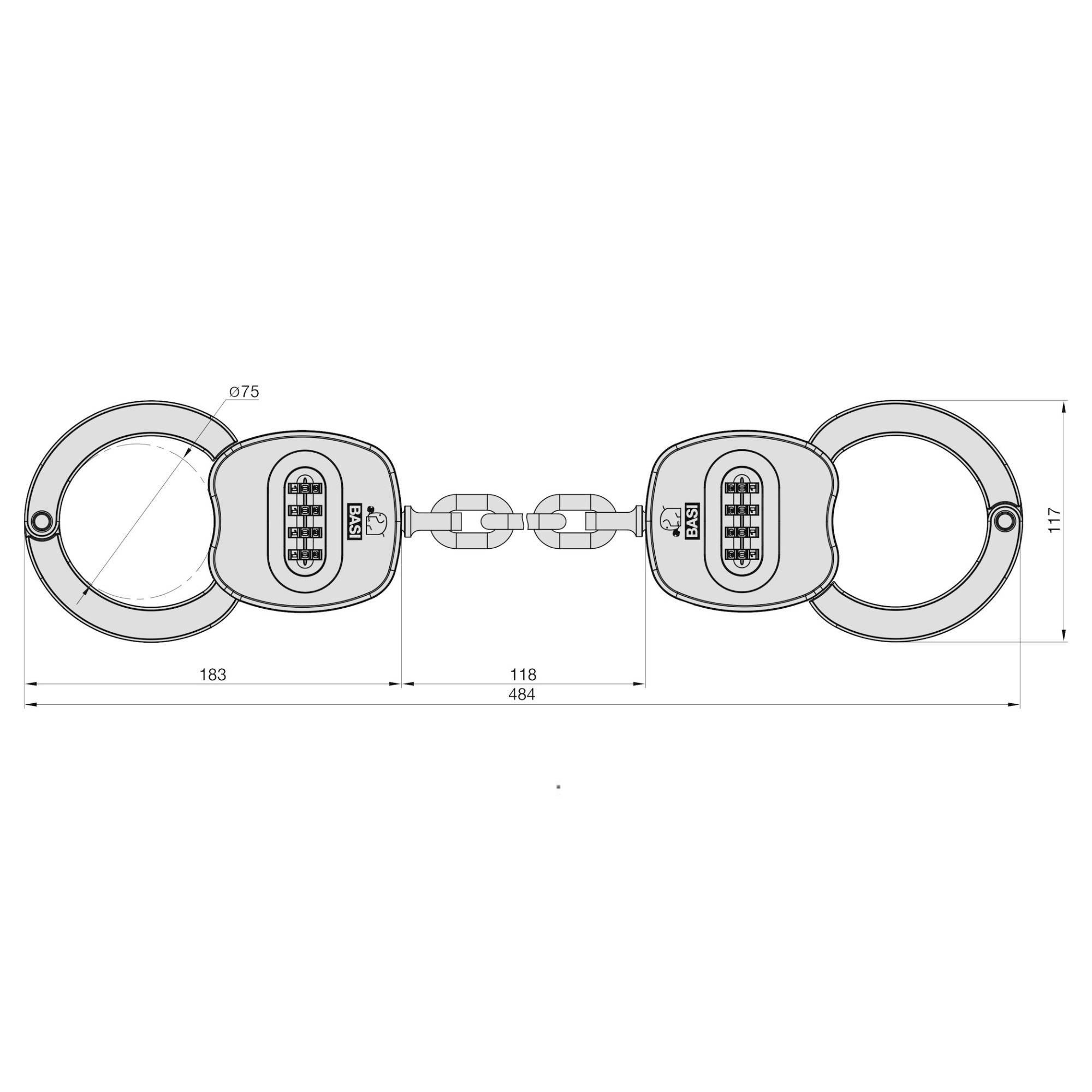 Diagramme d'un cadenas de menottes métalliques avec combinaison numérique et dimensions : 183 mm, 118 mm, total 484 mm, ⌀75 mm, 117 mm.