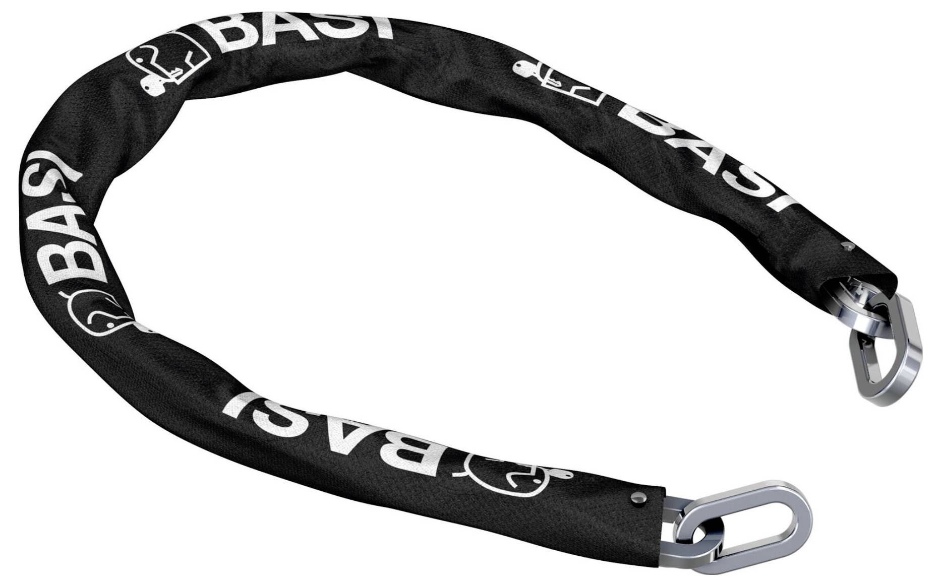 Un cadenas de sécurité noir avec des maillons de chaîne, partiellement recouvert d'un étui de protection sur lequel est inscrit 'BASI' en blanc.