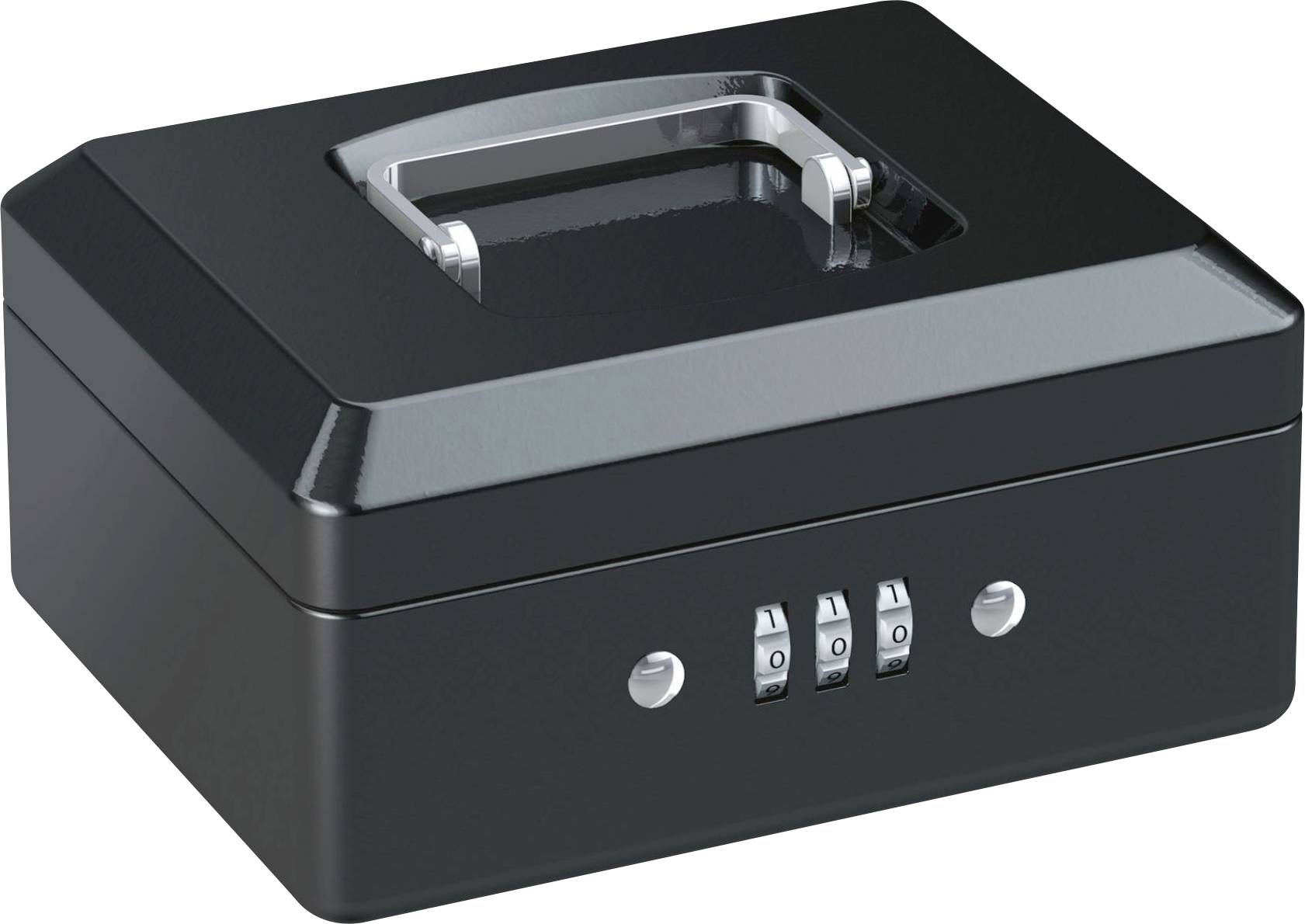 Une caisse noire à code avec une serrure numérique et une poignée sur le couvercle.