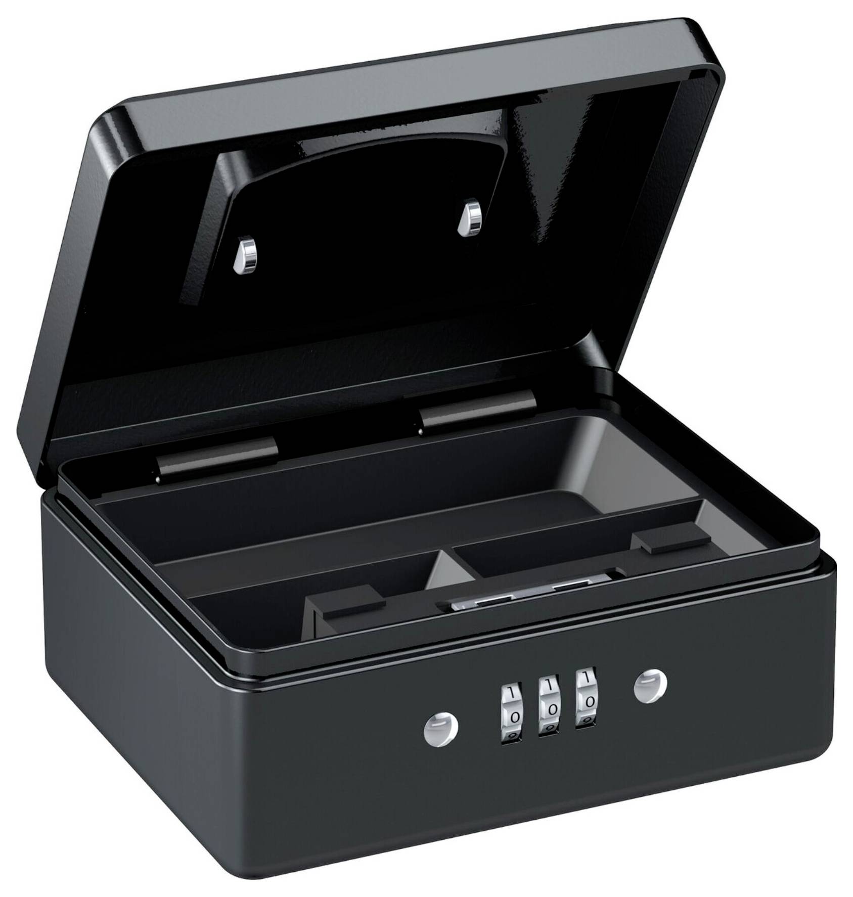 Une boîte noire en métal avec serrure à combinaison, ouverte et divisée en plusieurs compartiments pour le rangement sécurisé des objets de valeur.