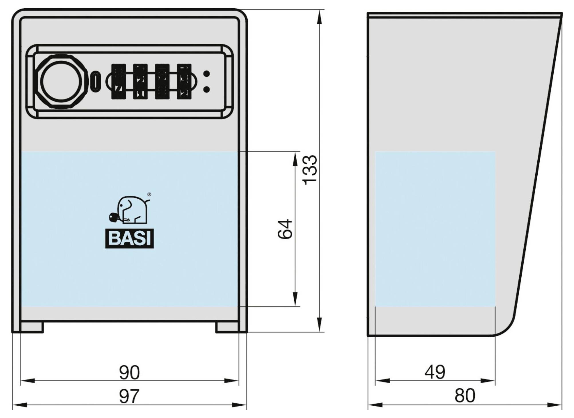 Un dessin technique d'un coffre-fort avec serrure à combinaison, étiqueté « BASI ». Dimensions des vues de face et de côté : 97x133 mm, profondeur 80 mm.
