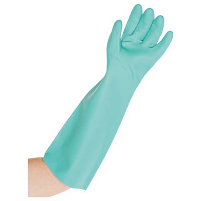 Un gant en caoutchouc vert qui couvre la main et l'avant-bras d'une personne.
