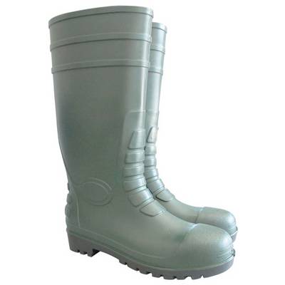 Deux bottes de pluie vertes à tige haute et semelle robuste. Idéales pour les travaux de jardinage ou les terrains humides.