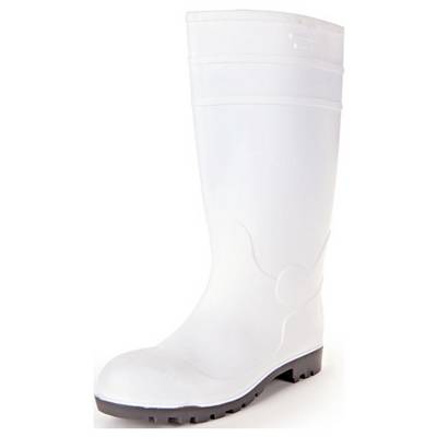 Une botte en caoutchouc blanche avec une semelle noire robuste. Adaptée pour une utilisation dans des environnements humides ou boueux.