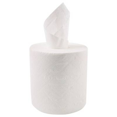 Un rouleau de papier toilette blanc avec une feuille qui dépasse.