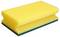 Éponge jaune avec surface verte abrasive, généralement utilisée dans les cuisines pour nettoyer la vaisselle.