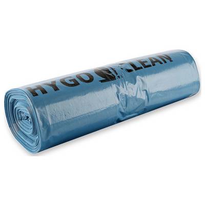Un sac poubelle bleu roulé avec l'inscription noire 'HYGO CLEAN' est posé sur une surface blanche.
