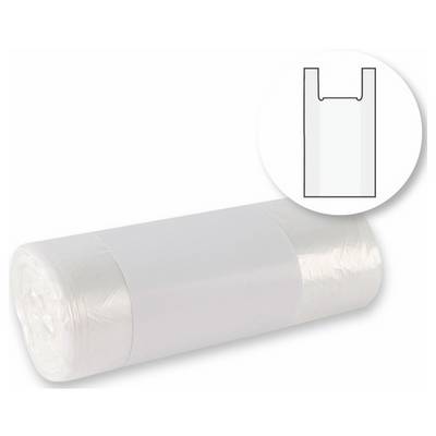 Un rouleau de sacs en plastique blanc avec une découpe agrandie montrant la forme d'un seul sac.