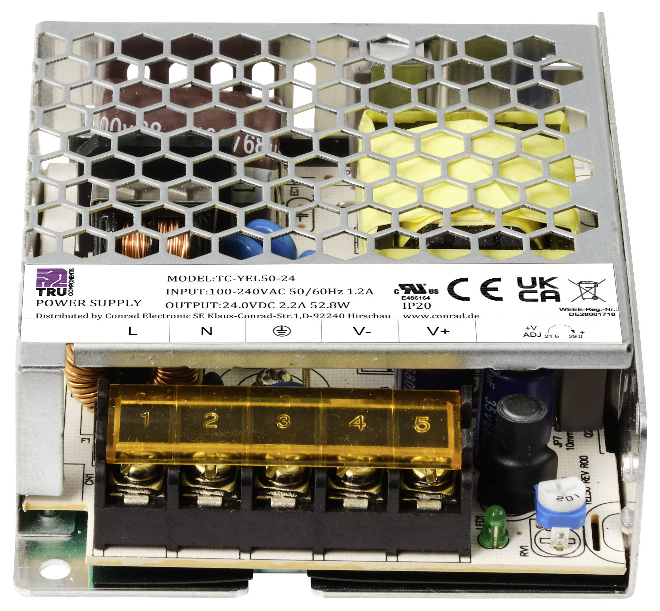 Unité d'alimentation compacte avec grille métallique, modèle TC-YEL50-24. Tension : 100-240V CA, Sortie : 24V CC 2,1A, 50W.