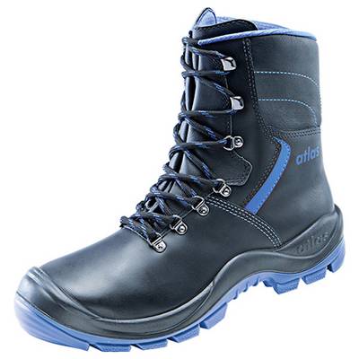 Chaussure de sécurité noire avec semelle bleue et détails bleus, tige haute, stable et protectrice, adaptée aux applications industrielles.