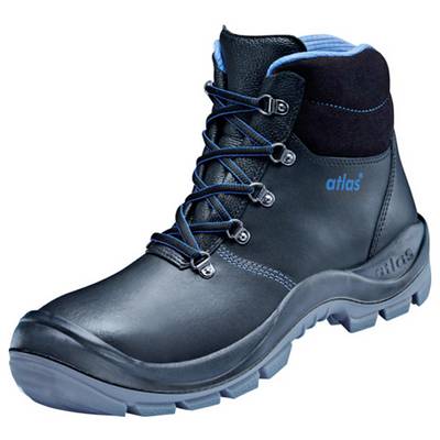 Bottes de sécurité noires avec des lacets bleus et doublure bleue, semelle robuste ; adaptées aux environnements de travail industriels.