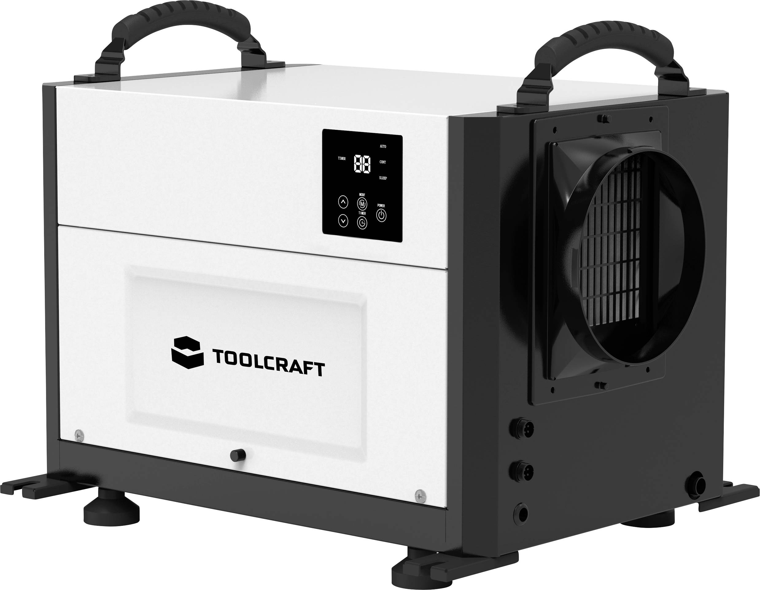Un ventilateur chauffant portable avec poignées, affichage numérique et grille de ventilation. Marqué 'TOOLCRAFT'. Adapté pour les ateliers.