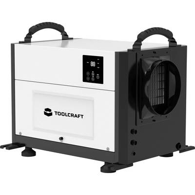 Un ventilateur chauffant portable avec poignées, affichage numérique et grille de ventilation. Marqué 'TOOLCRAFT'. Adapté pour les ateliers.