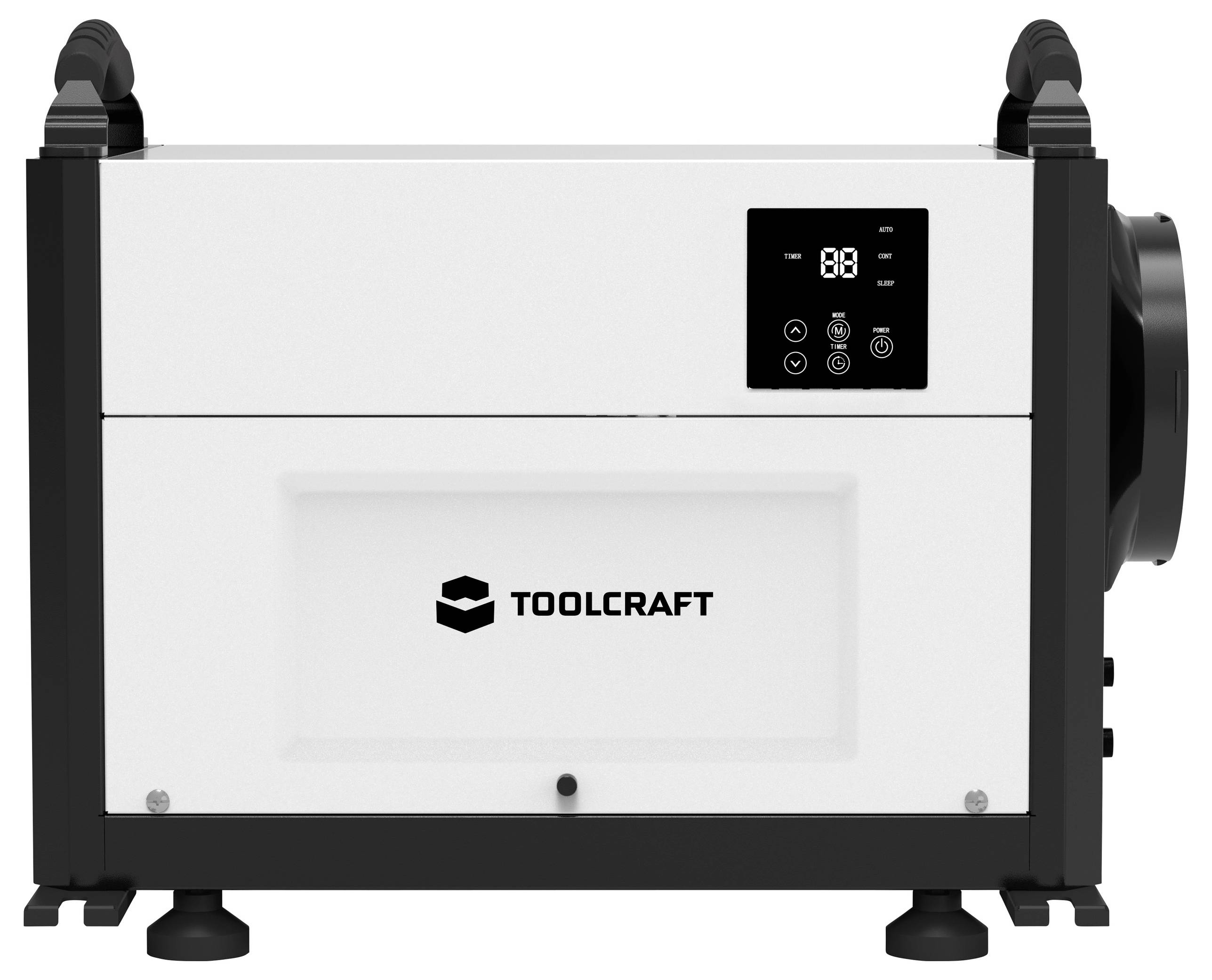 Un radiateur soufflant rectangulaire avec un affichage numérique et le logo 'Toolcraft' sur la façade.