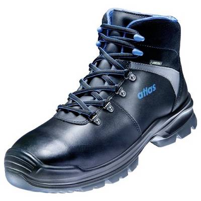 Une botte de sécurité noire avec bout renforcé et détails bleus. Idéale pour une utilisation dans des environnements de travail.