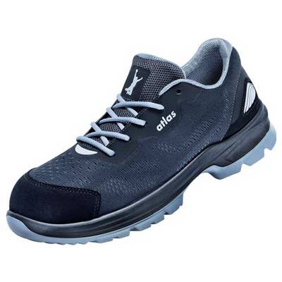 Une chaussure de sécurité noire avec des lacets gris et une semelle, marquée du logo d'un homme en saut et du nom 'Atlas'.