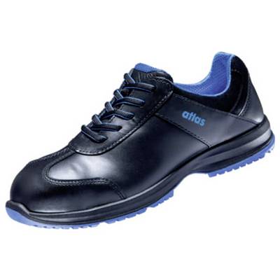 Une chaussure de sport noire avec des lacets bleus et un intérieur bleu, portant le nom de marque 'atlas' imprimé sur le côté.
