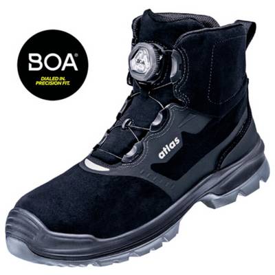 Chaussure de sécurité noire avec fermeture BOA à rotation et le nom de marque 'atlas' sur le côté. Matériaux de haute qualité pour un maintien optimal.