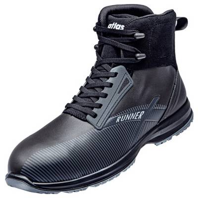 Chaussure de sécurité noire montante, avec semelle noire et lacets. Texte de marque 'Runner' visible. Adaptée pour la protection au travail.