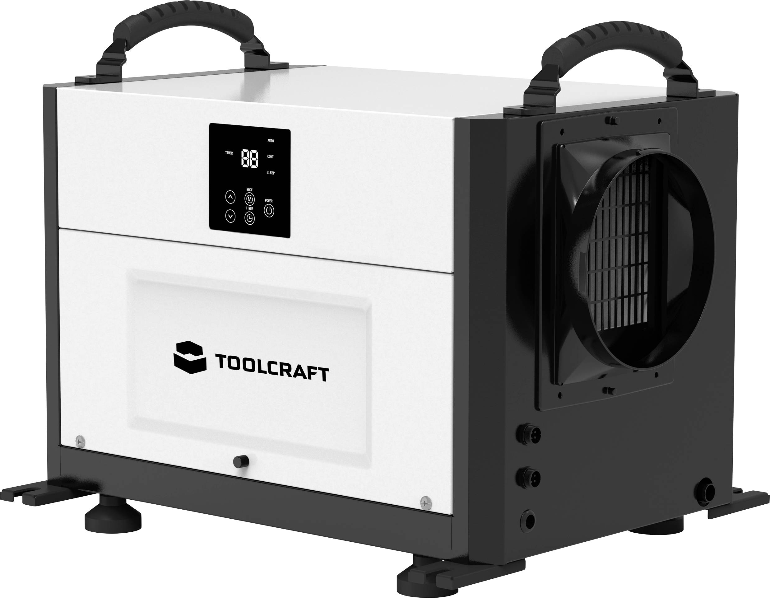 Un ventilateur chauffant portable noir et blanc avec écran et nom de l'entreprise. Ventilateur visible sur le côté.