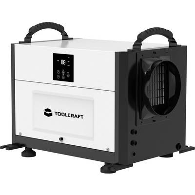 Un ventilateur chauffant portable noir et blanc avec écran et nom de l'entreprise. Ventilateur visible sur le côté.