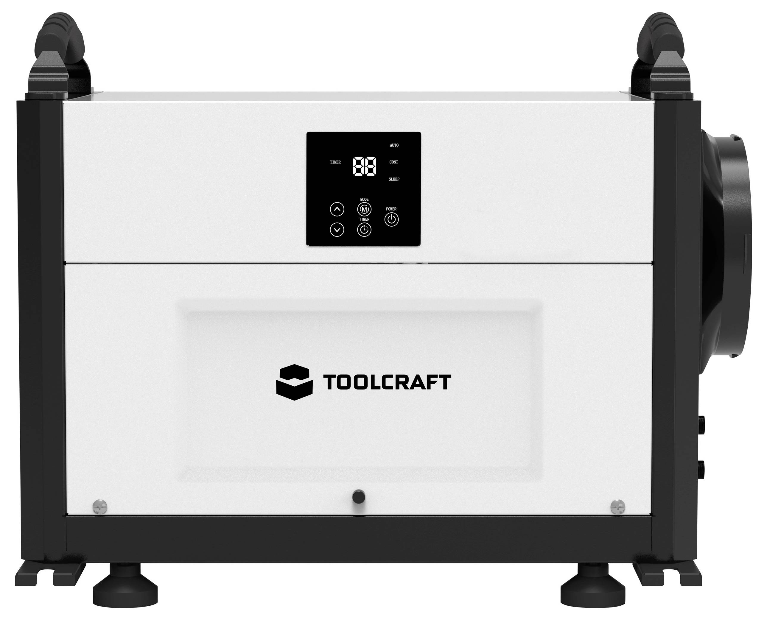 Rectangle blanc avec un écran et un panneau de commande en haut, bordure noire et logo 'TOOLCRAFT' au centre.