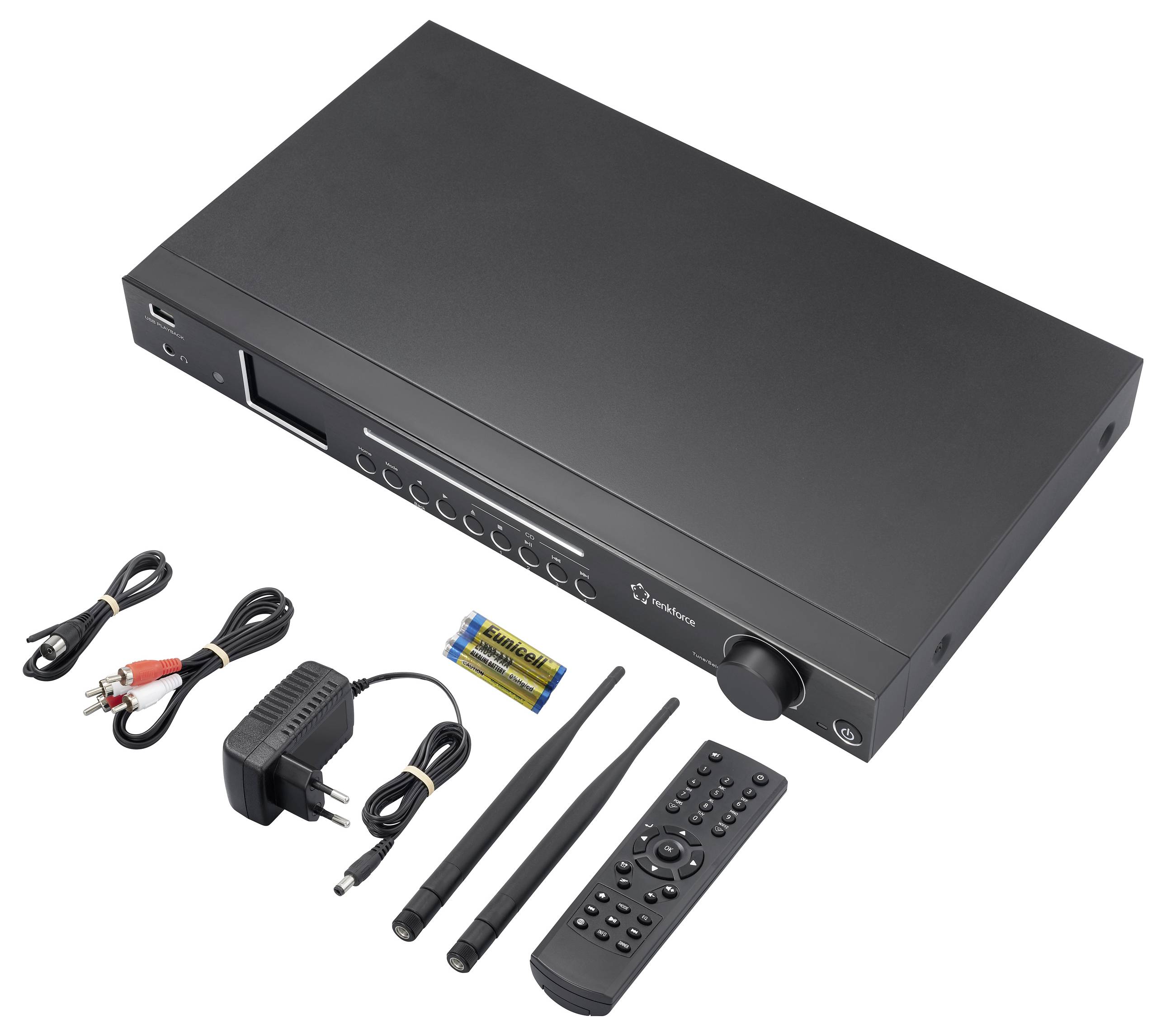 Un appareil électronique noir, possiblement un récepteur, avec une télécommande, un adaptateur secteur, deux antennes et des câbles, disposés de manière ordonnée.