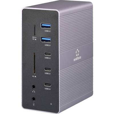 Un adaptateur gris avec différents ports, dont USB 3.0, USB-C, lecteur de cartes SD et audio. La marque 'renkforce' est visible.