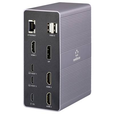 Un adaptateur moderne avec différentes connexions : Ethernet, USB 2.0, HDMI, DisplayPort et USB-C, adapté aux connexions informatiques.