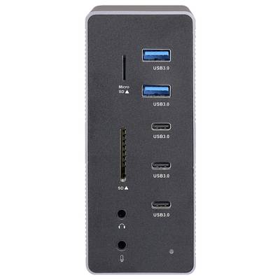 Un dock noir pour ordinateur avec deux ports USB 3.0, trois ports USB-C, un lecteur de carte Micro-SD, un lecteur de carte SD et des ports audio.