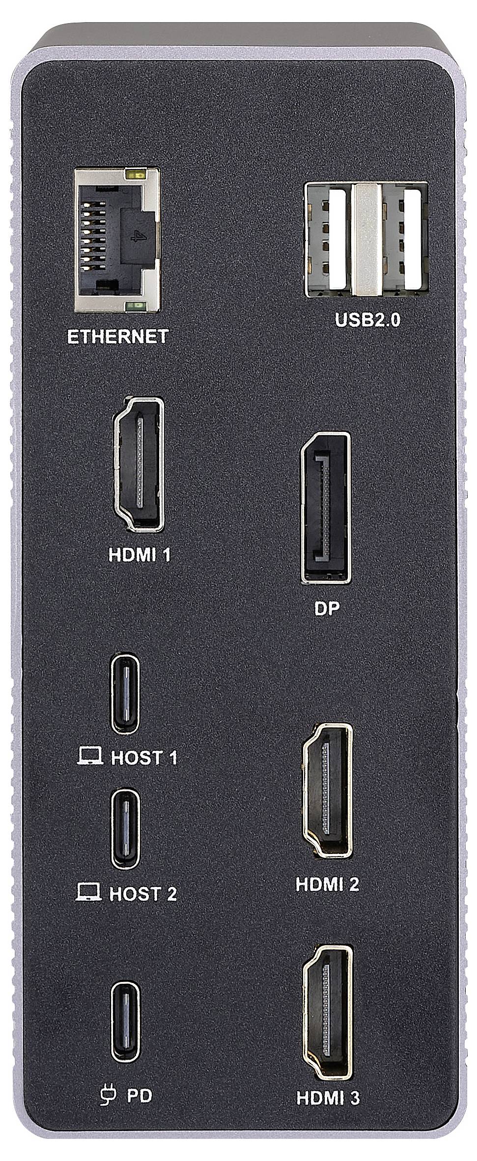 Station d'accueil avec ports : ETHERNET, USB 2.0, HDMI 1-3, DP, deux ports USB-C hôtes et USB-C PD pour l'alimentation.