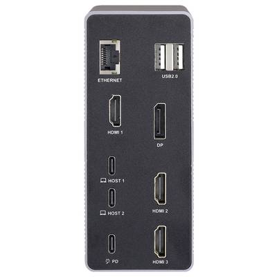 Station d'accueil avec ports : ETHERNET, USB 2.0, HDMI 1-3, DP, deux ports USB-C hôtes et USB-C PD pour l'alimentation.