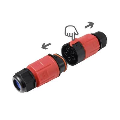 Deux connecteurs rouges avec des flèches et une main indiquant un verrouillage. Le connecteur de droite montre six ouvertures de contacts.