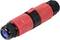 Un connecteur cylindrique rouge avec une extrémité noire et un insert bleu. Adapté pour la connexion de câbles électriques.