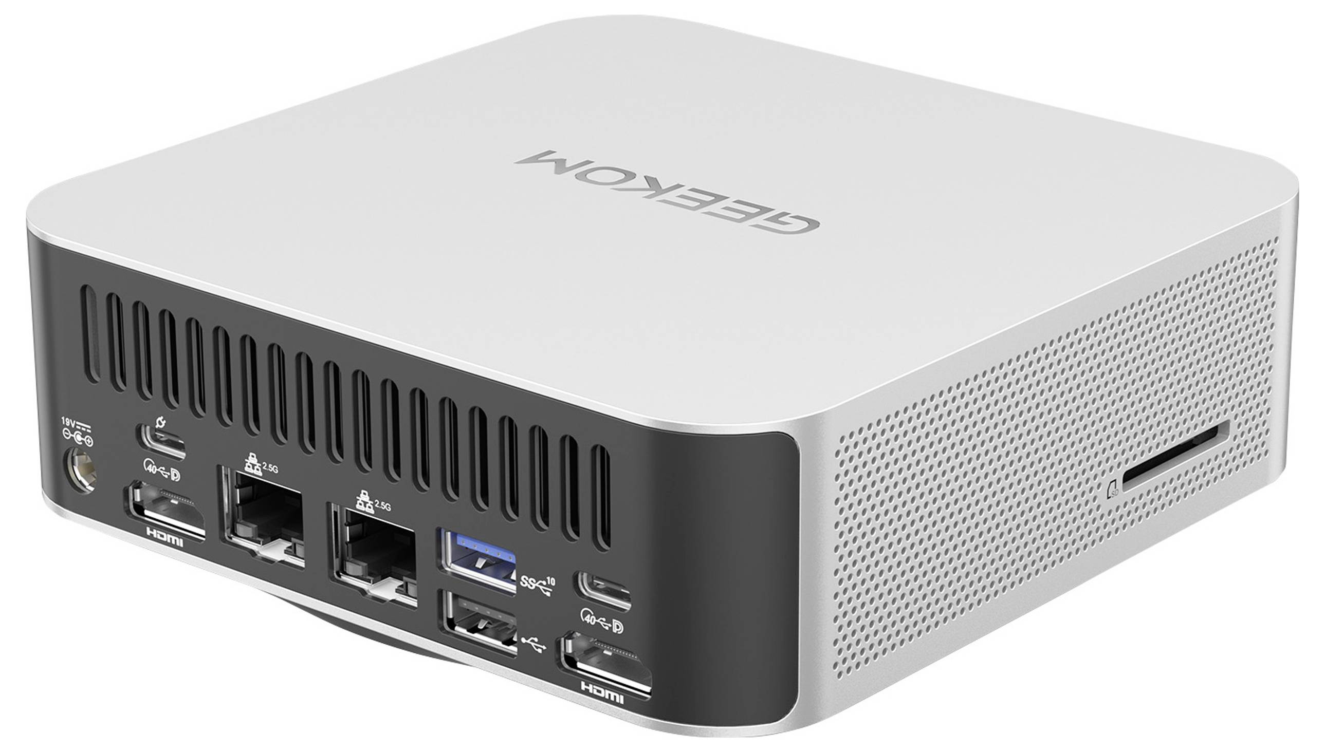Un mini-PC compact et rectangulaire de Geekom doté de plusieurs ports à l'arrière. Principalement conçu en blanc et noir.
